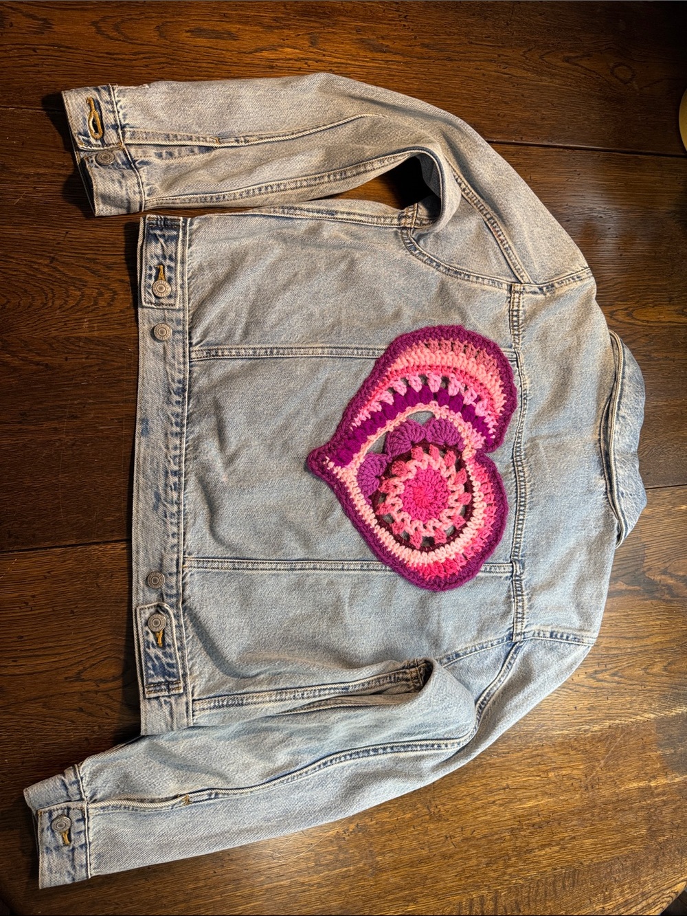 Relove Levi's Light Wash Blue Denim Jacket with large crochet heart appliqué